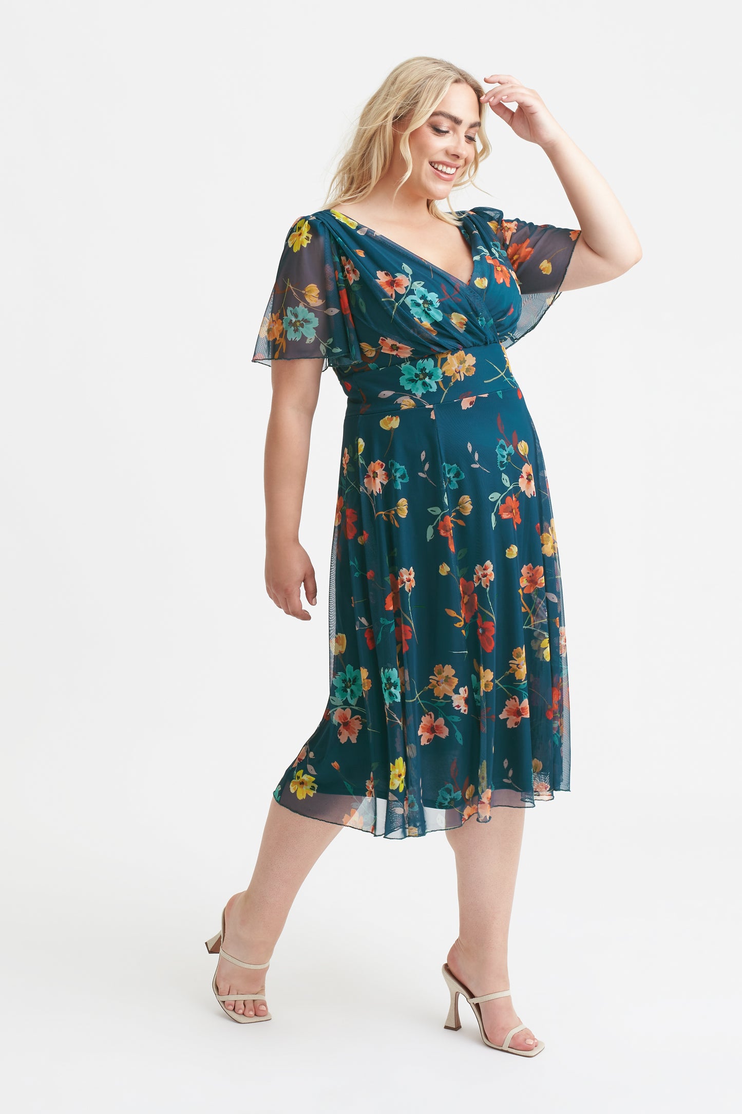 Load image into Gallery viewer, Victoria Teal Rust Blue Angel Sleeve Mesh Midi Dress
