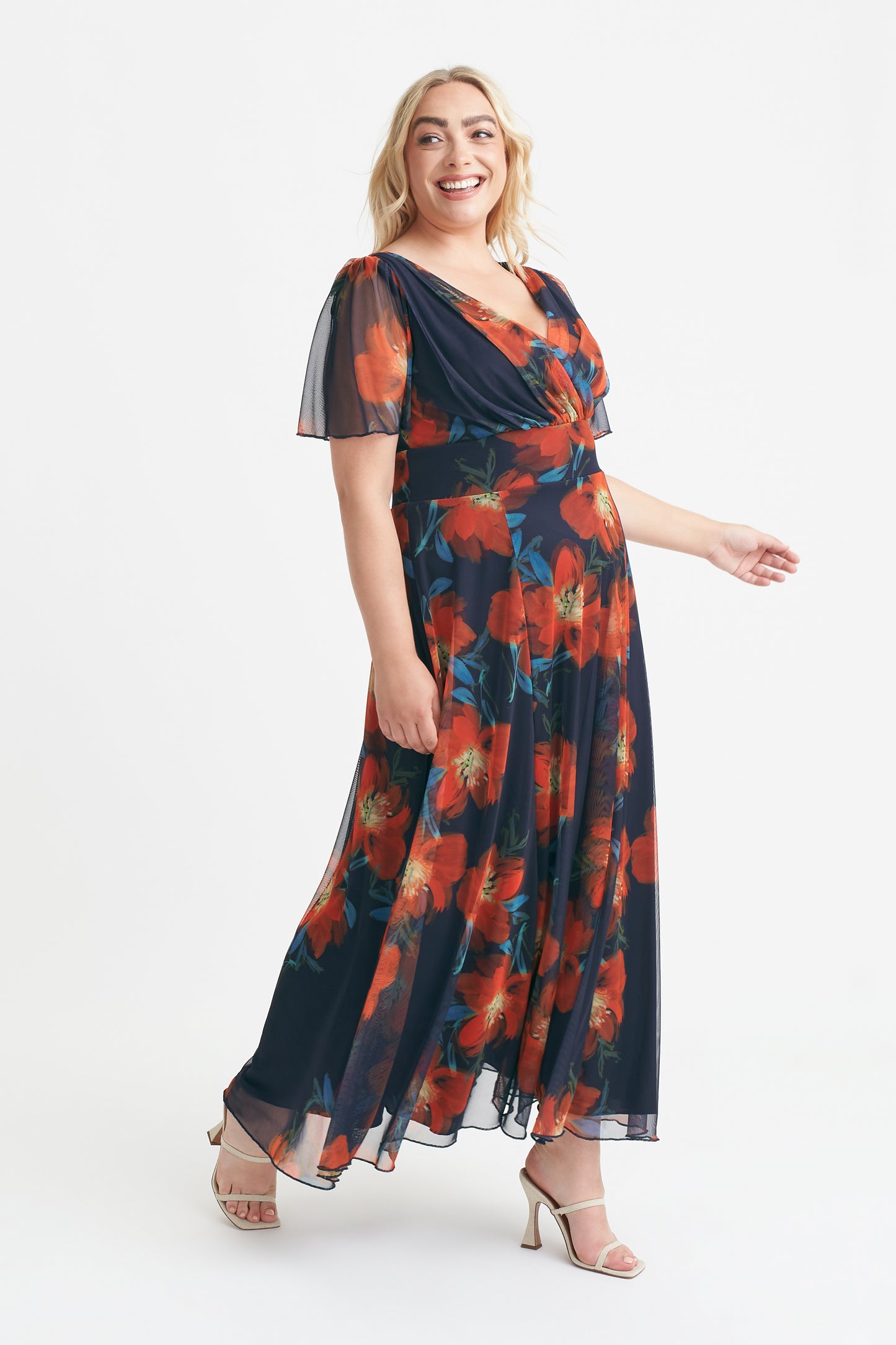 Isabelle Navy Orange Print Float Sleeve Maxi Dress Scarlett & Jo Isabelle Navy Orange Print Float Sleeve Maxi Dress Scarlett & Jo
