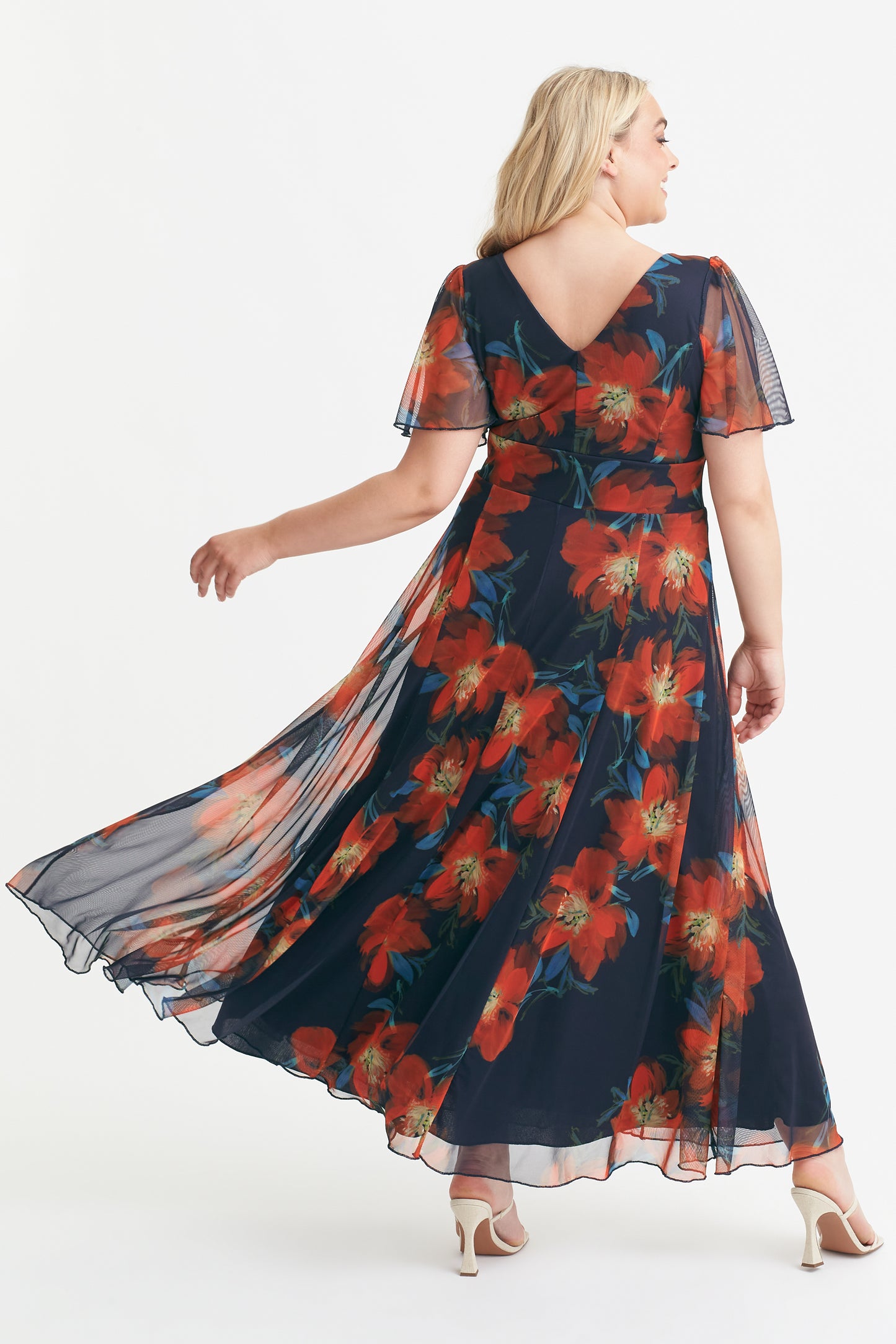 Load image into Gallery viewer, Isabelle Navy Orange Print Float Sleeve Maxi Dress
