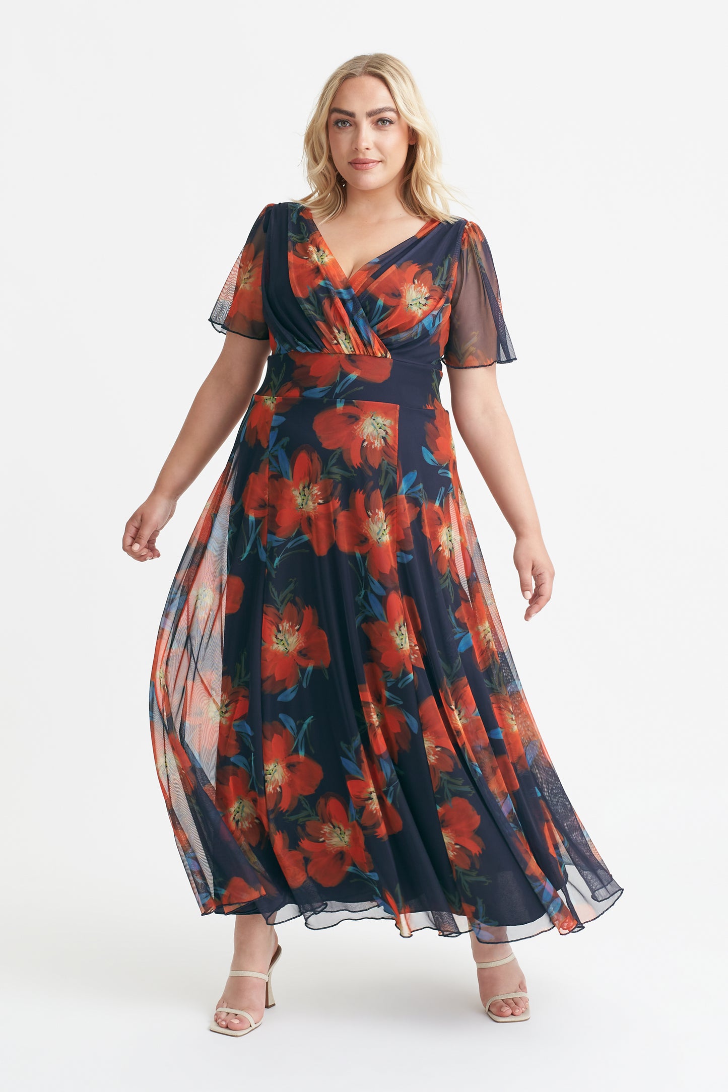 navy and orange dress Isabelle Navy Orange Print Float Sleeve Maxi Dress – Scarlett & Jo