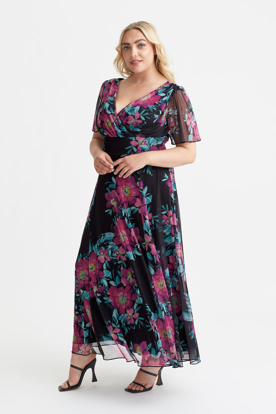 Load image into Gallery viewer, Isabelle Black Cerise Print Float Sleeve Maxi Dress
