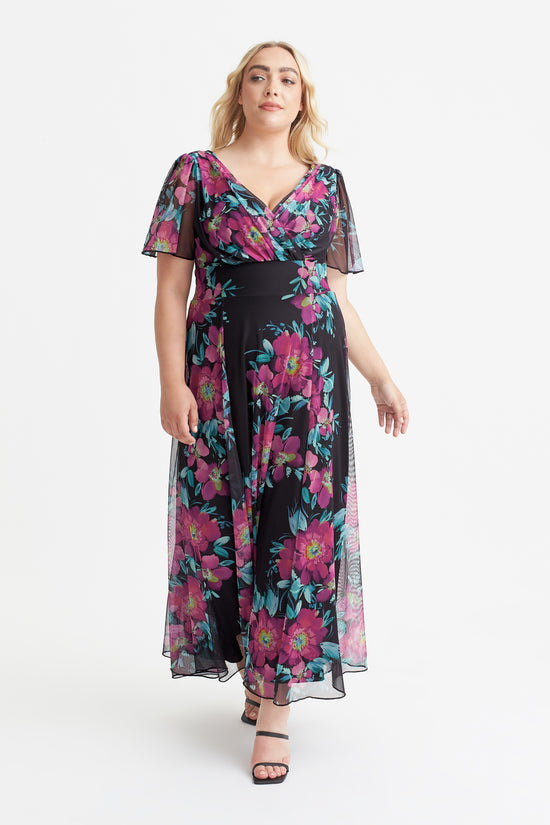 Load image into Gallery viewer, Isabelle Black Cerise Print Float Sleeve Maxi Dress

