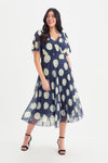 Carole Navy White Wrap Bodice Sunray Pleated Skirt Midi Dress