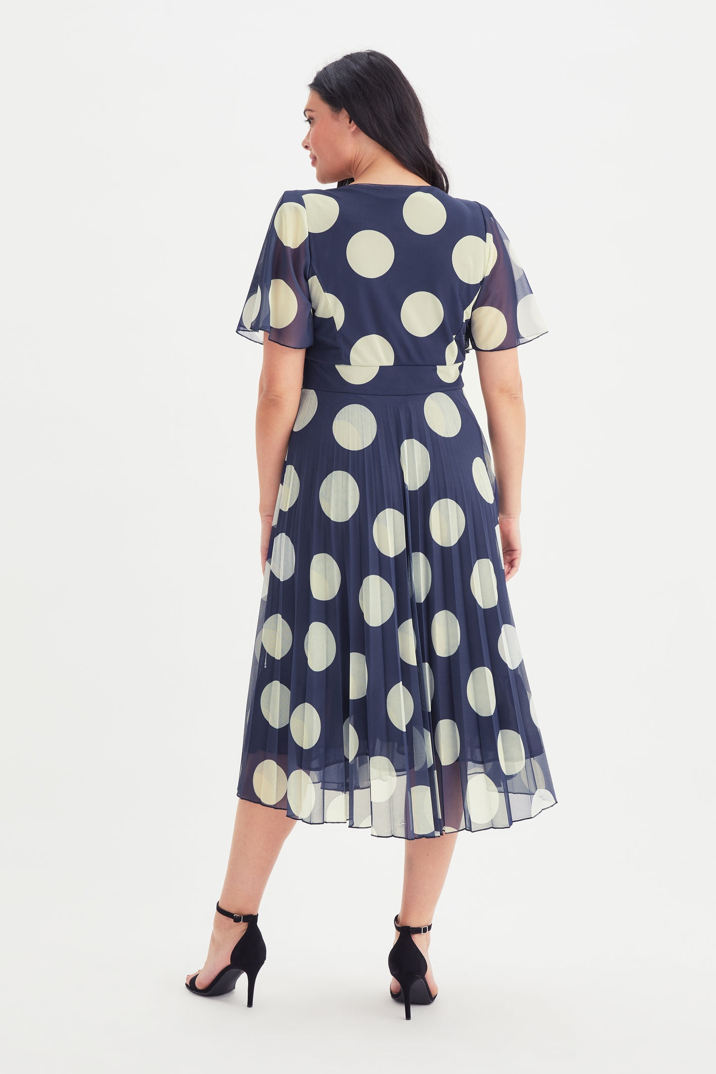 Carole Navy White Wrap Bodice Sunray Pleated Skirt Midi Dress