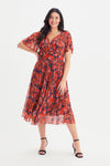 Carole Red Multi Wrap Bodice Sunray Pleated Skirt Midi Dress