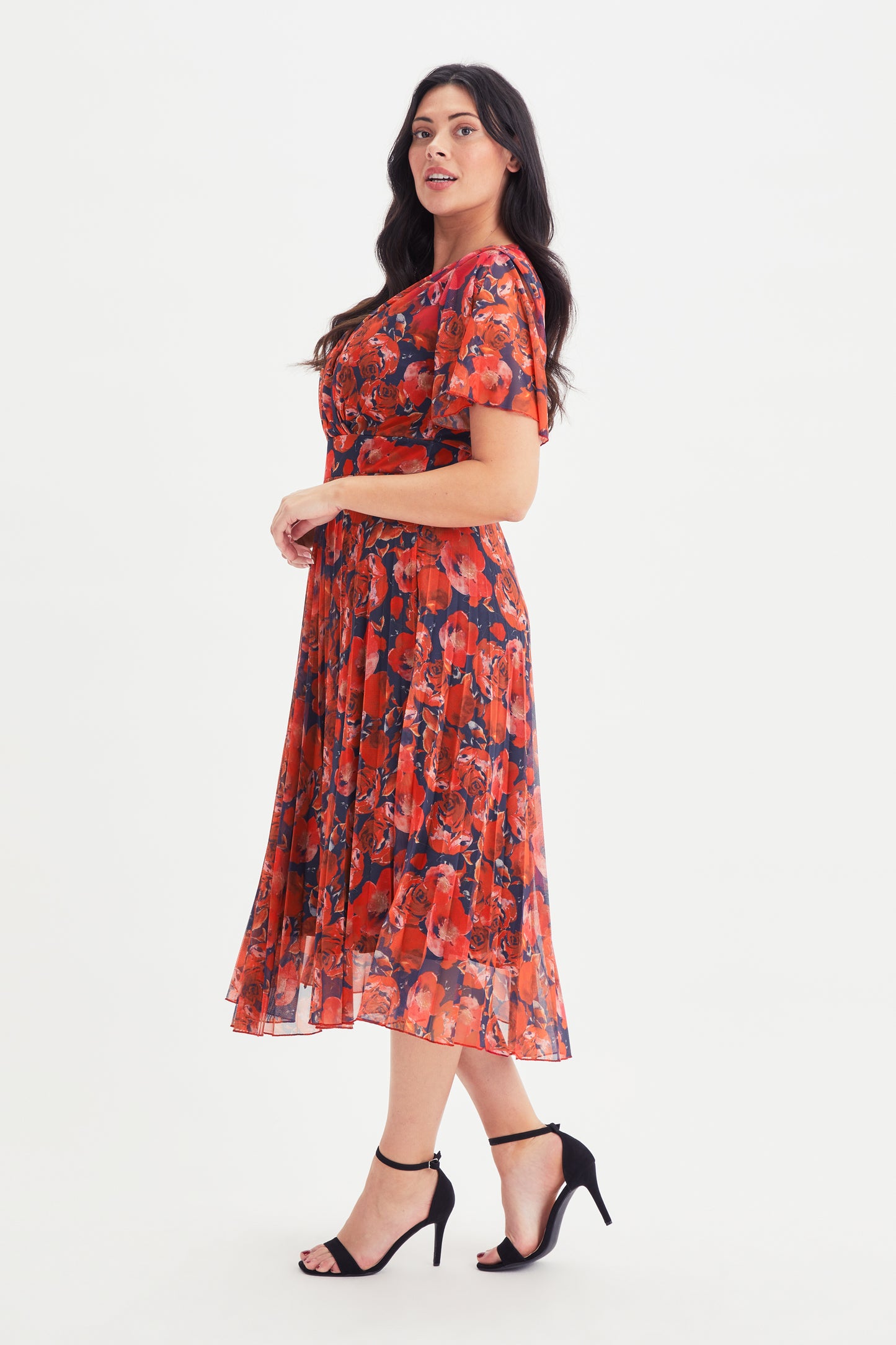Carole Red Multi Wrap Bodice Sunray Pleated Skirt Midi Dress