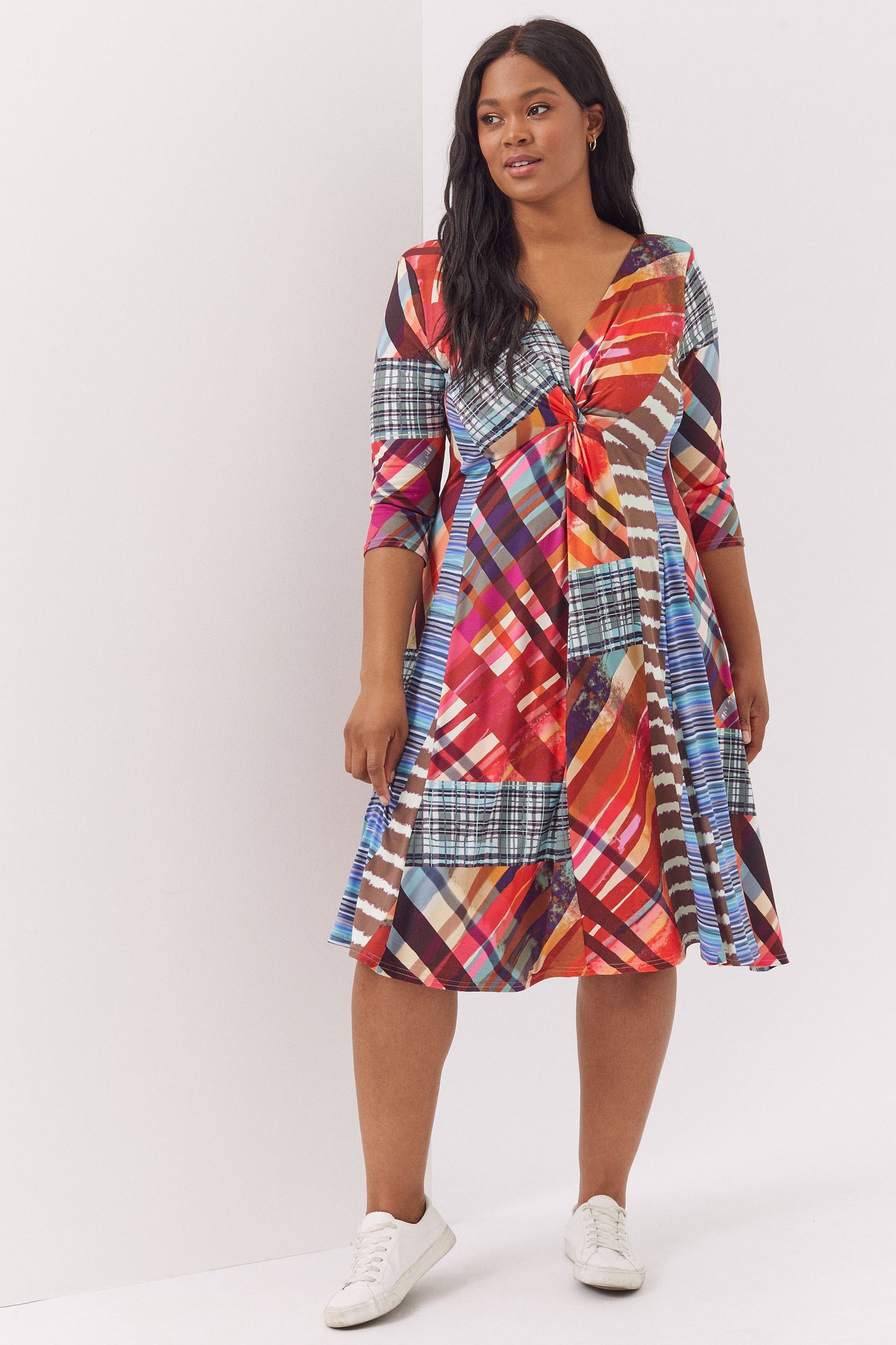 Claudia Patchwork Print Peach Touch Jersey Knot Front Dress