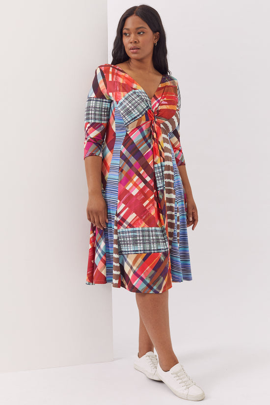 Load image into Gallery viewer, Claudia Patchwork Print Peach Touch Jersey Knot Front Dress
