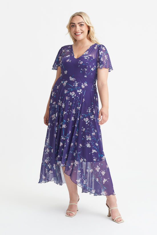 Tilly Purple Blush Print Angel Sleeve Sweetheart Dress