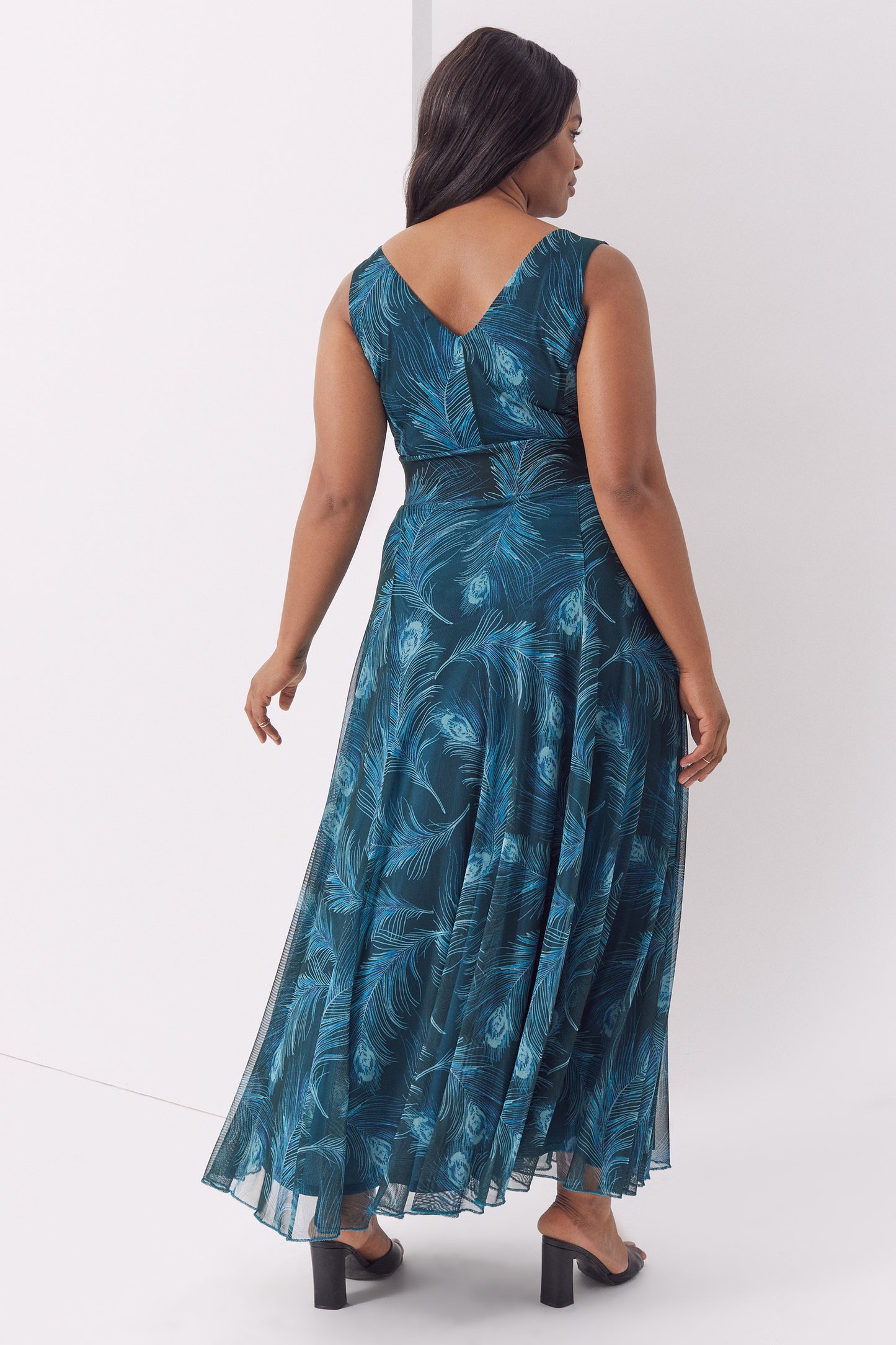 Amelia Peacock Feather Print Mesh Maxi Dress Scarlett & Jo Amelia Peacock Feather Print Mesh Maxi Dress Scarlett & Jo