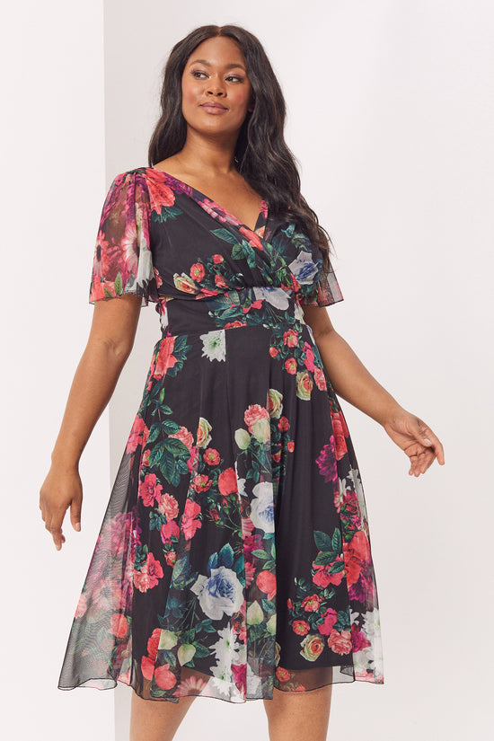 Victoria Black Red Angel Sleeve Mesh Midi Dress