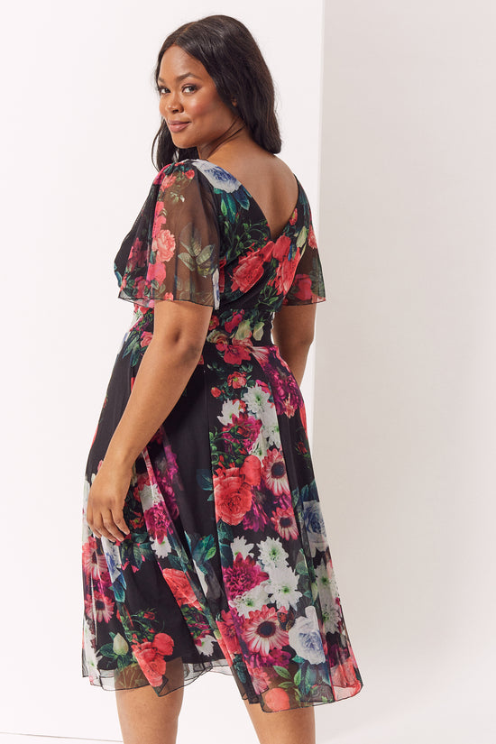 Victoria Black Red Angel Sleeve Mesh Midi Dress