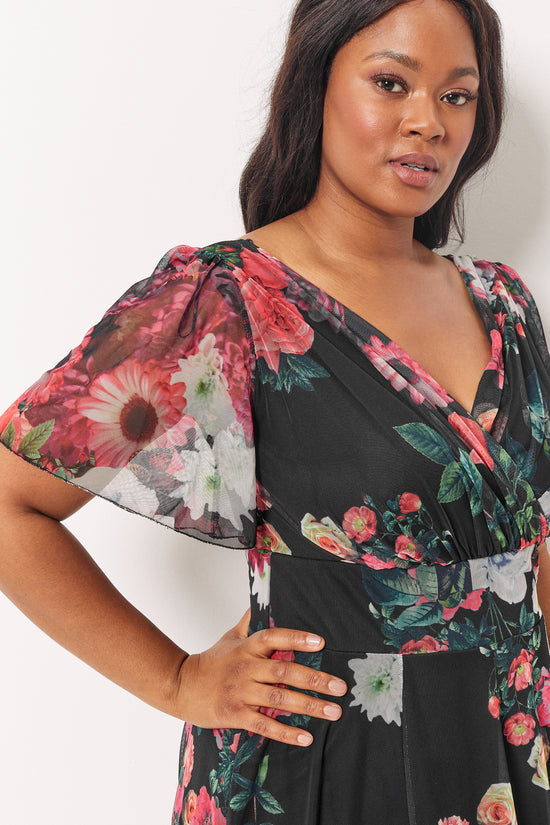 Victoria Black Red Angel Sleeve Mesh Midi Dress