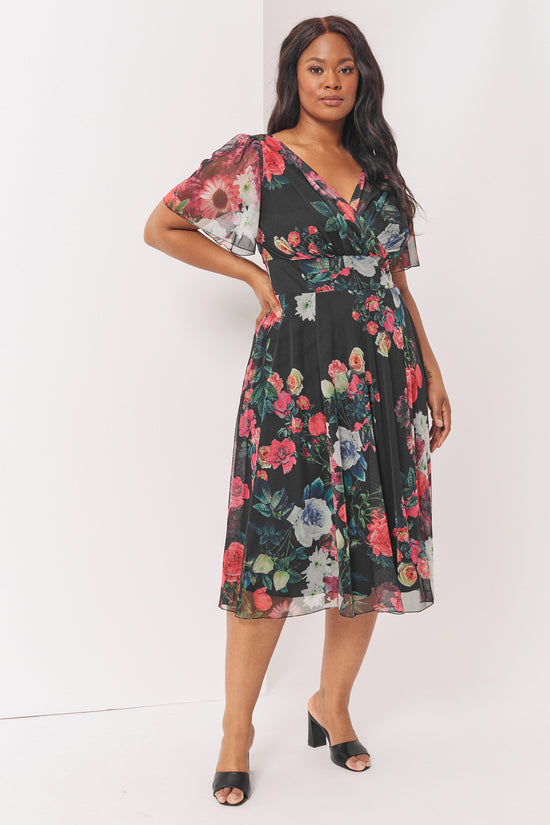 Victoria Black Red Angel Sleeve Mesh Midi Dress