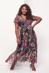 Tilly Black Fuchsia Print Angel Sleeve Sweetheart Dress