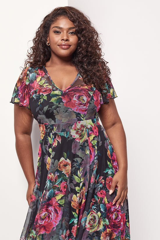 Load image into Gallery viewer, Tilly Black Fuchsia Print Angel Sleeve Sweetheart Dress
