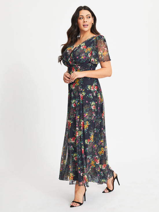 Load image into Gallery viewer, Isabelle Navy Pink Yellow Print Float Sleeve Maxi Dress
