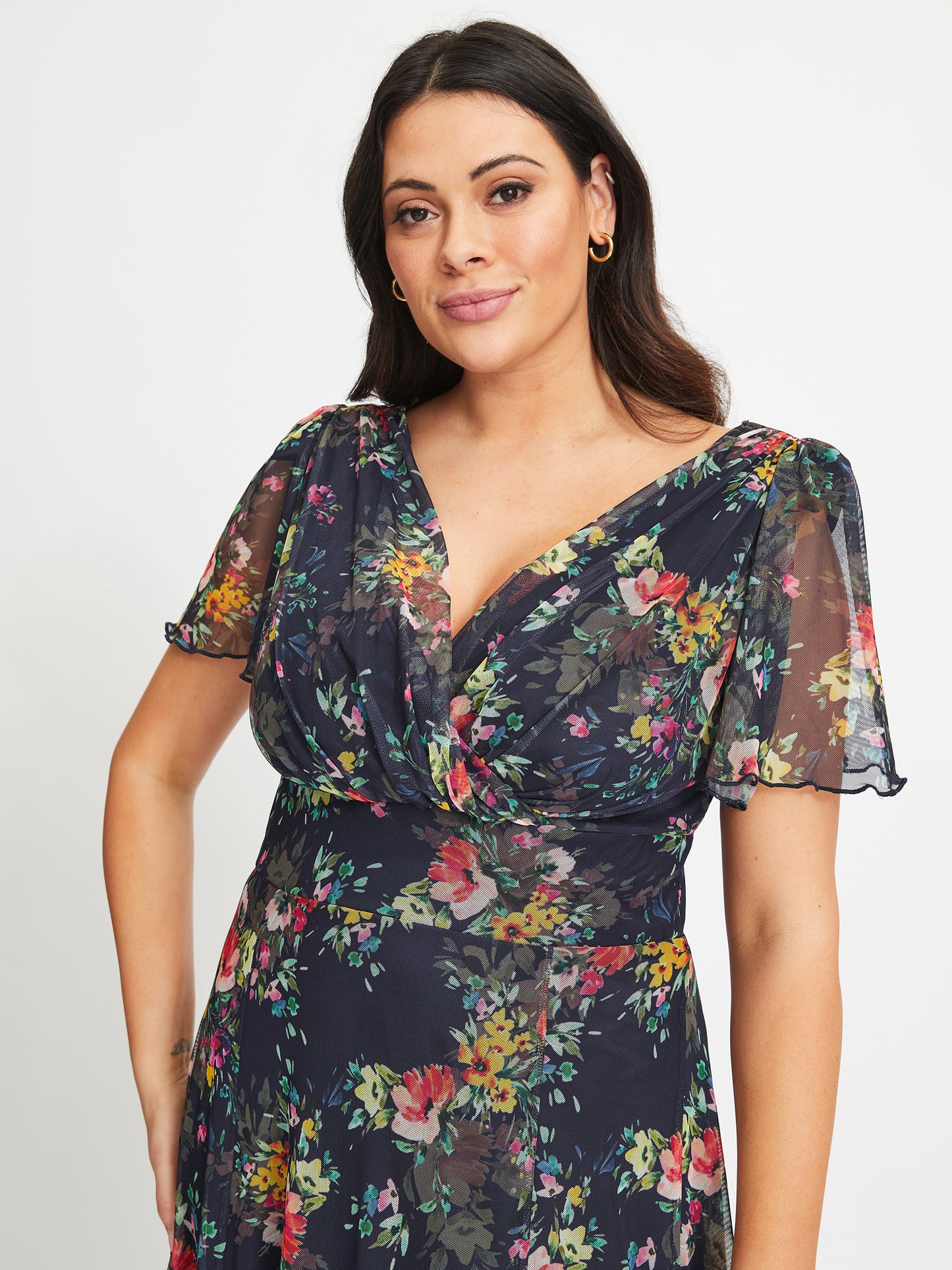 Isabelle Navy Pink Yellow Print Float Sleeve Maxi Dress