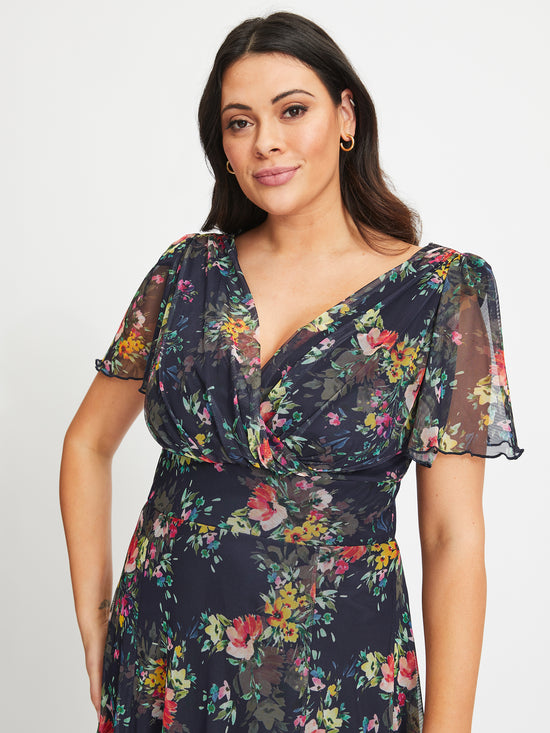 Isabelle Navy Pink Yellow Print Float Sleeve Maxi Dress