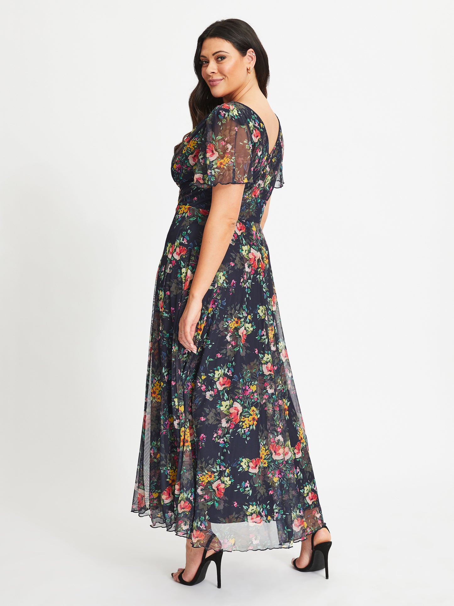 Isabelle Navy Pink Yellow Print Float Sleeve Maxi Dress