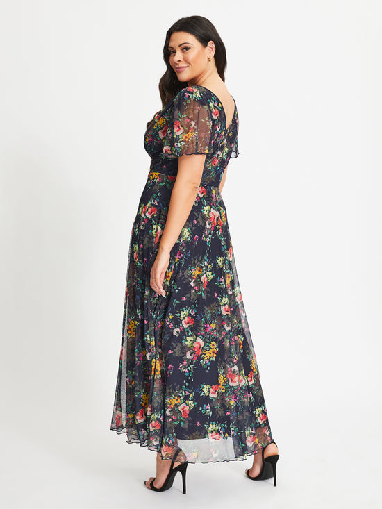 Isabelle Navy Pink Yellow Print Float Sleeve Maxi Dress