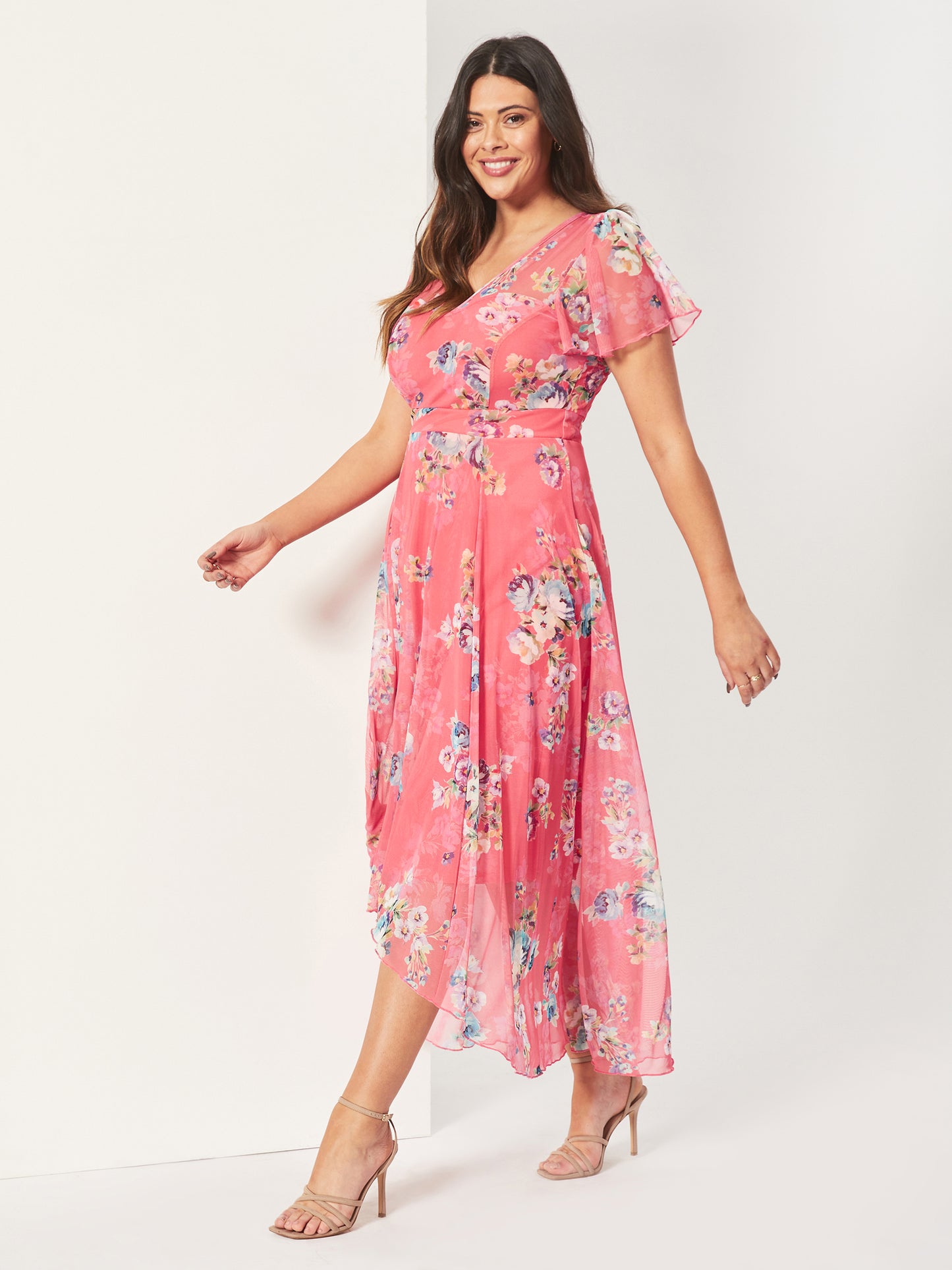 Load image into Gallery viewer, Tilly Coral Multi Print Angel Sleeve Sweetheart Dress
