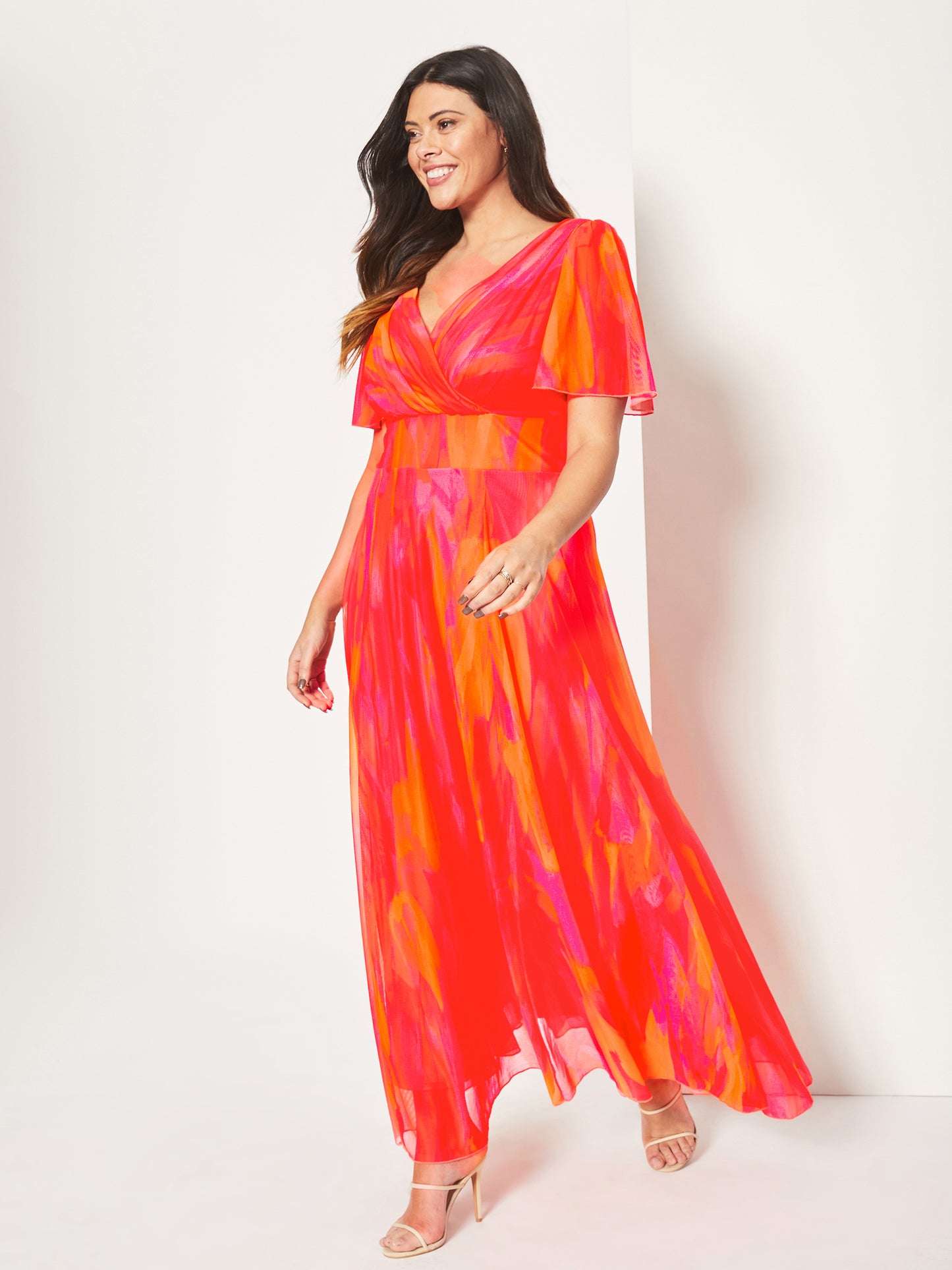 Load image into Gallery viewer, Isabelle Orange Pink Yellow Print Float Sleeve Maxi Dress
