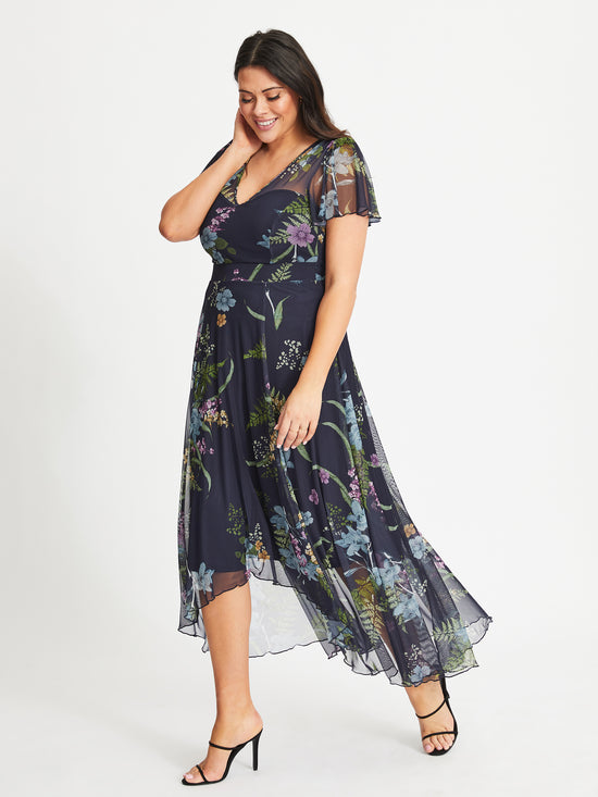 Load image into Gallery viewer, Tilly Midnight Green Print Angel Sleeve Sweetheart Dress

