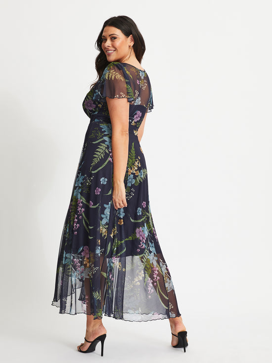 Load image into Gallery viewer, Tilly Midnight Green Print Angel Sleeve Sweetheart Dress
