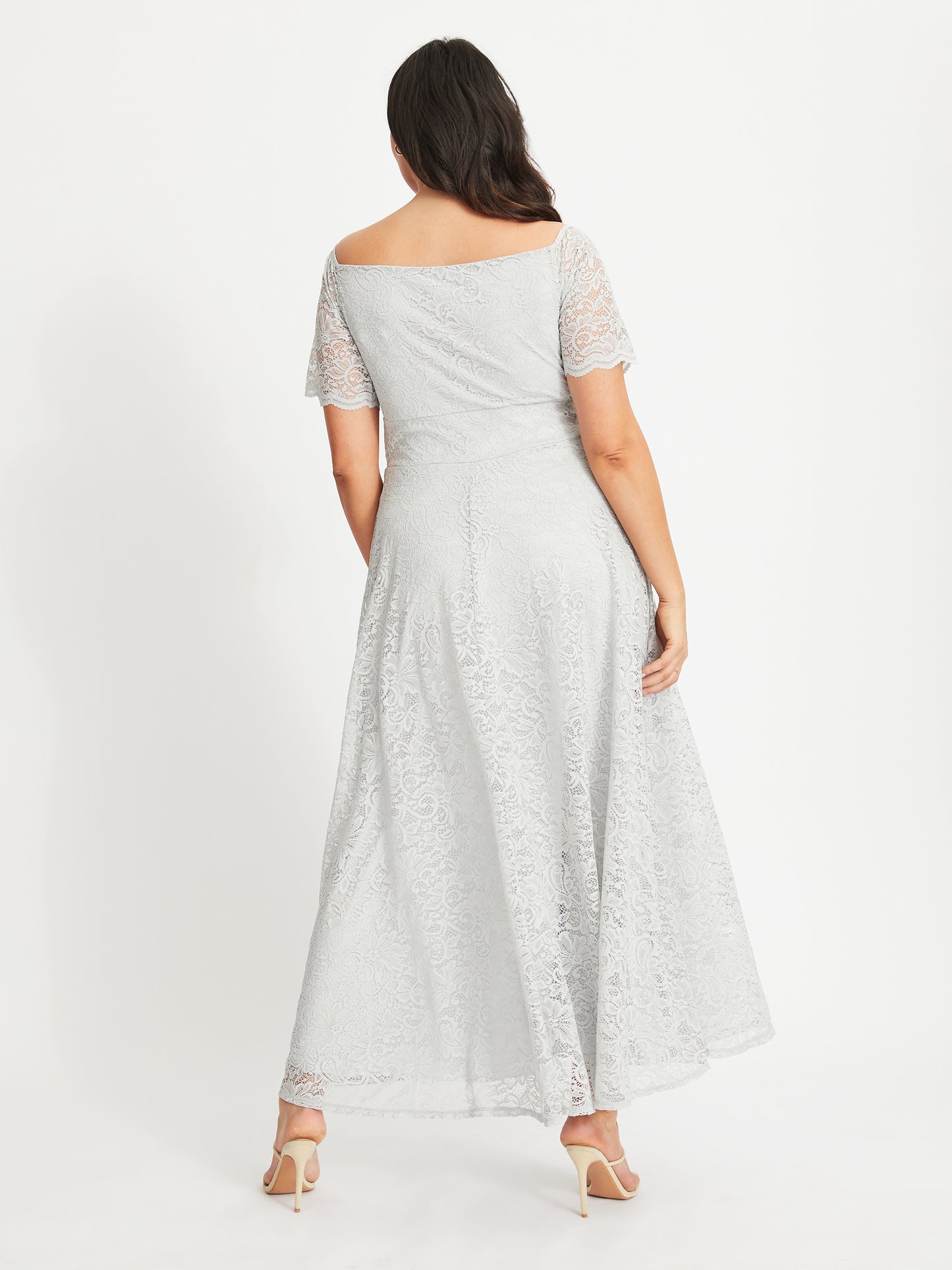 Samantha Silver Lace On or Off The Shoulder Sweetheart Maxi Dress