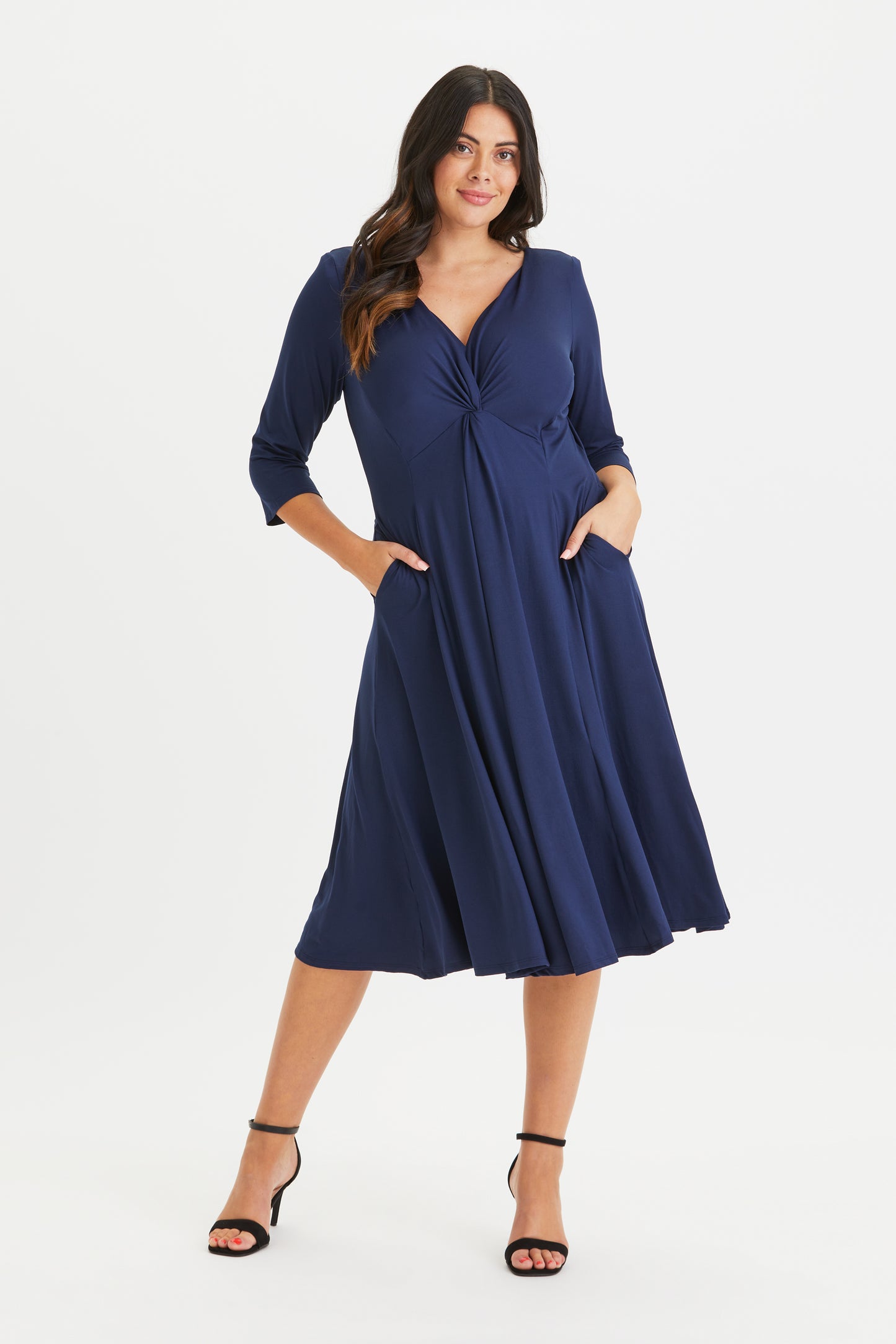 Load image into Gallery viewer, Claudia Navy Peach Touch Jersey Knot Front Dress
