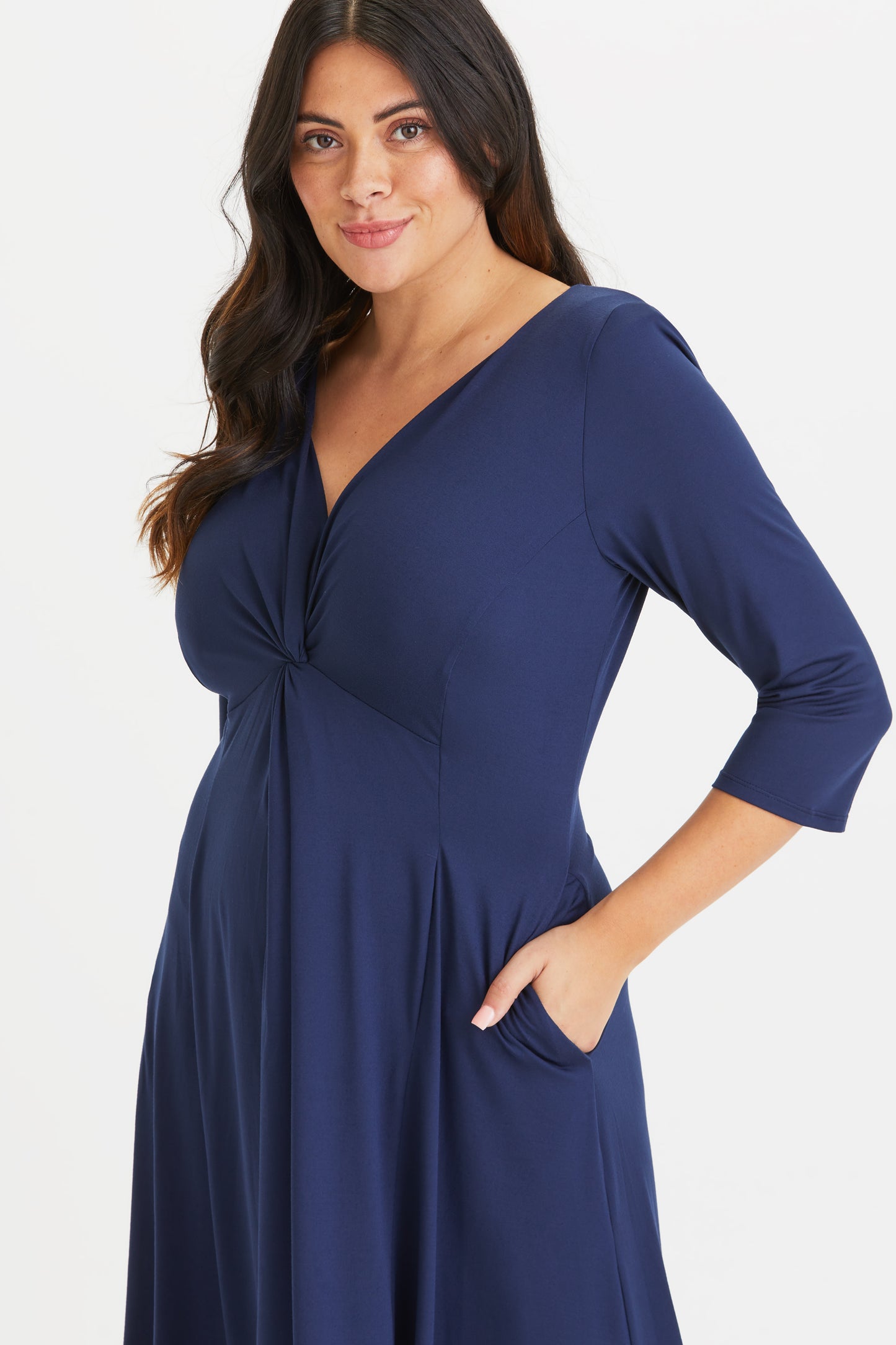 Load image into Gallery viewer, Claudia Navy Peach Touch Jersey Knot Front Dress
