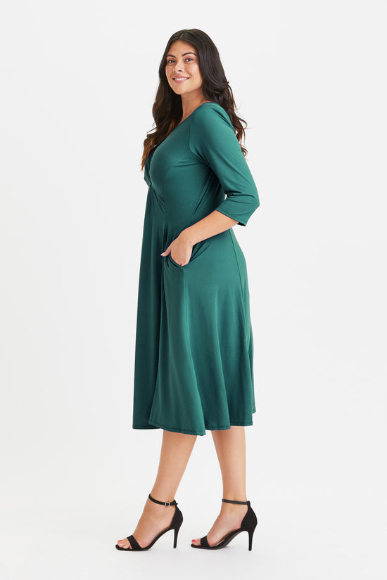 Claudia Dark Green Peach Touch Jersey Knot Front Dress