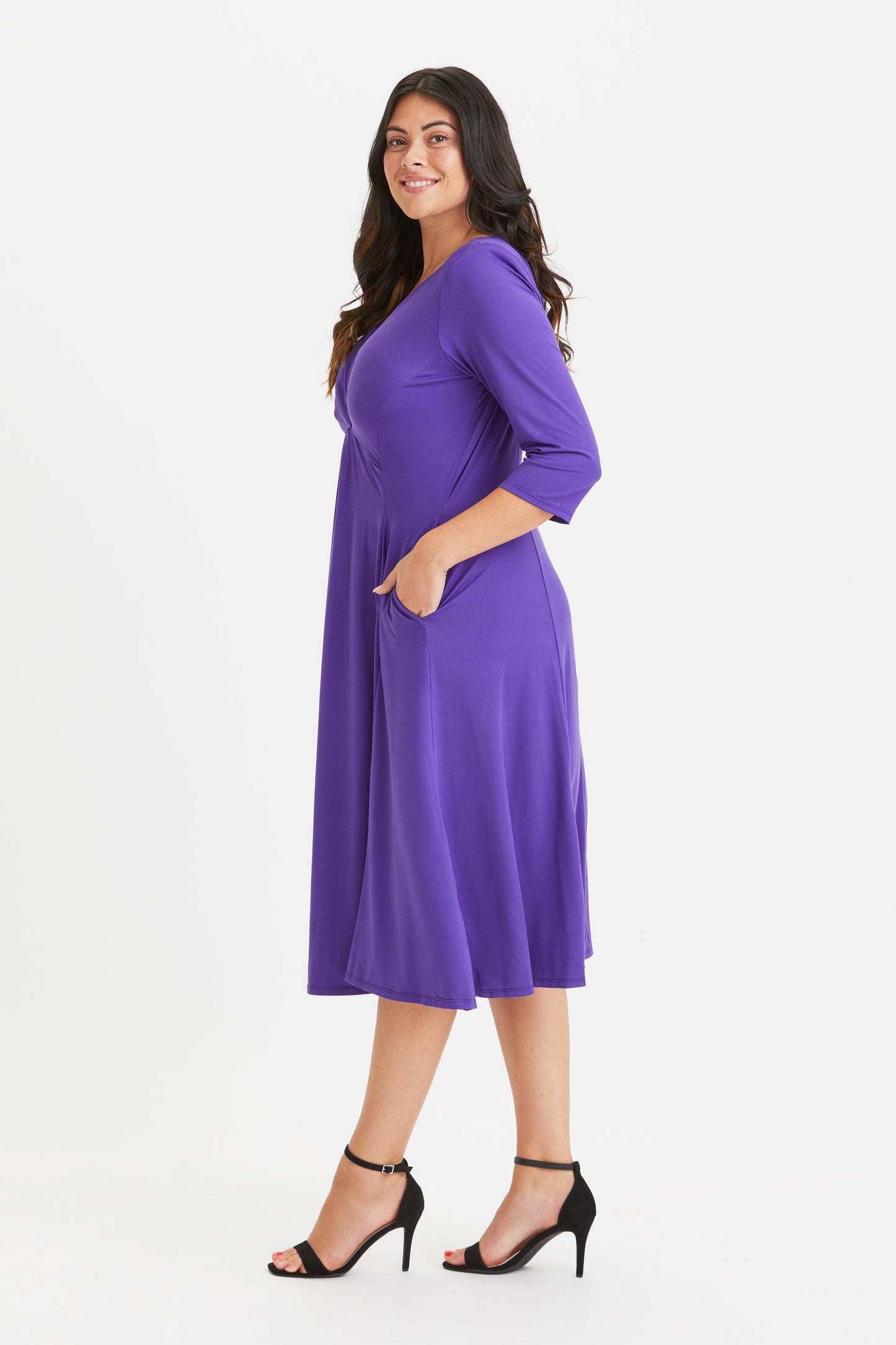 Load image into Gallery viewer, Claudia Purple Peach Touch Jersey Knot Front Dress
