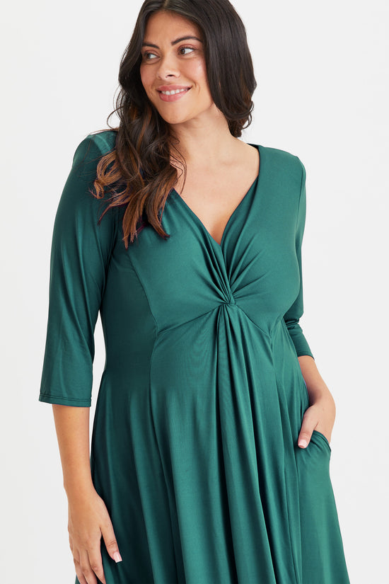 Claudia Dark Green Peach Touch Jersey Knot Front Dress