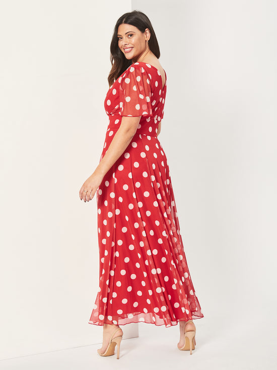 Load image into Gallery viewer, Isabelle Red Lollidot Float Sleeve Maxi Dress
