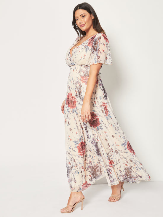 Load image into Gallery viewer, Isabelle Cream Grey Red Rose Float Sleeve Maxi Dress
