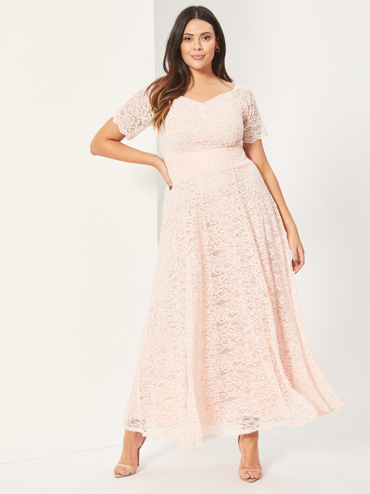 Load image into Gallery viewer, Samantha Pink Lace On or Off The Shoulder Sweetheart Maxi Dress
