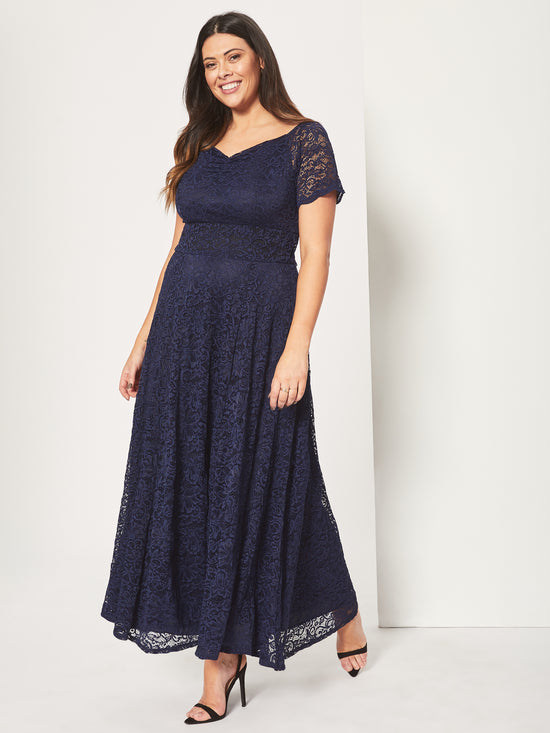 Load image into Gallery viewer, Samantha Navy Lace On or Off The Shoulder Sweetheart Maxi Dress
