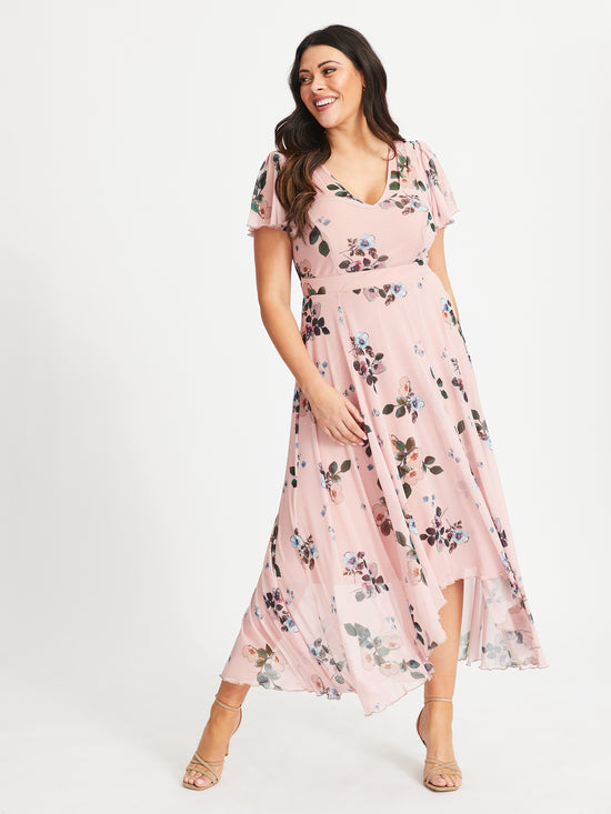 Load image into Gallery viewer, Tilly Pink Multi Print Angel Sleeve Sweetheart Dress
