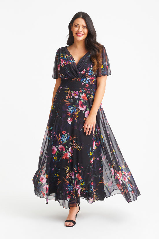 Load image into Gallery viewer, Isabelle Black Pink Multi Print Float Sleeve Maxi Dress
