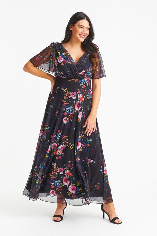 Isabelle Black Pink Multi Print Float Sleeve Maxi Dress