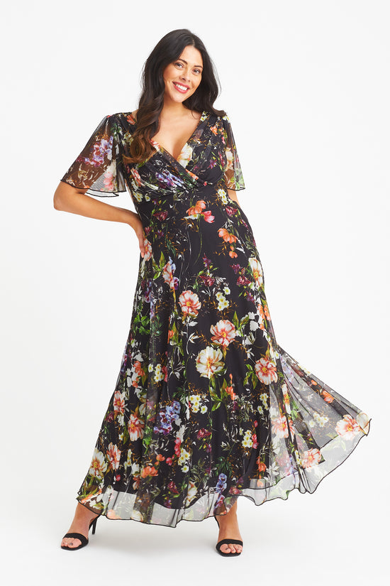 Load image into Gallery viewer, Isabelle Black Terracotta Float Sleeve Maxi Dress
