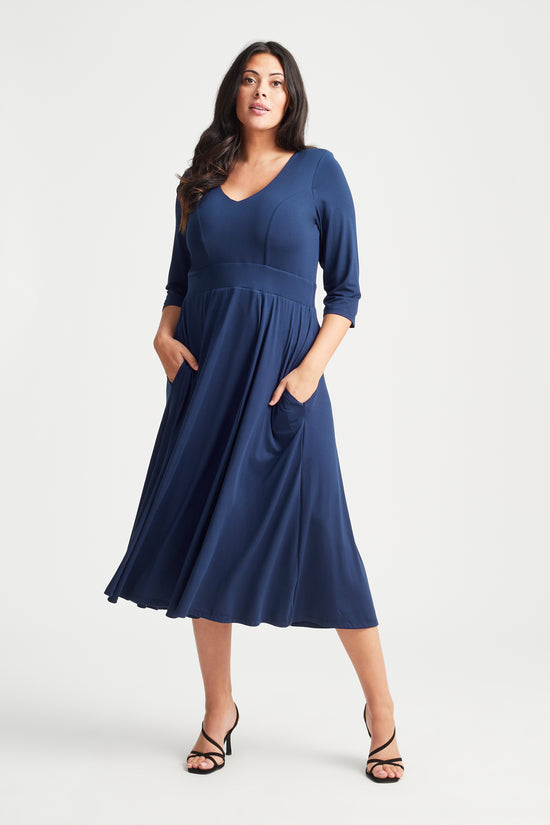 Load image into Gallery viewer, Navy V Neck Long Peach Touch Midi Dress
