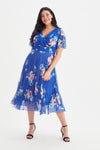 Carole Blue Multi Floral Print Wrap Bodice Sunray Pleated Skirt Midi Dress
