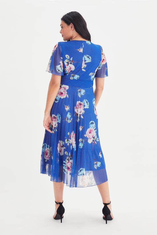 Load image into Gallery viewer, Carole Blue Multi Floral Print Wrap Bodice Sunray Pleated Skirt Midi Dress
