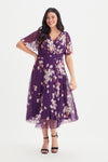 Carole Wine Multi Floral Print Wrap Bodice Sunray Pleated Skirt Midi Dress