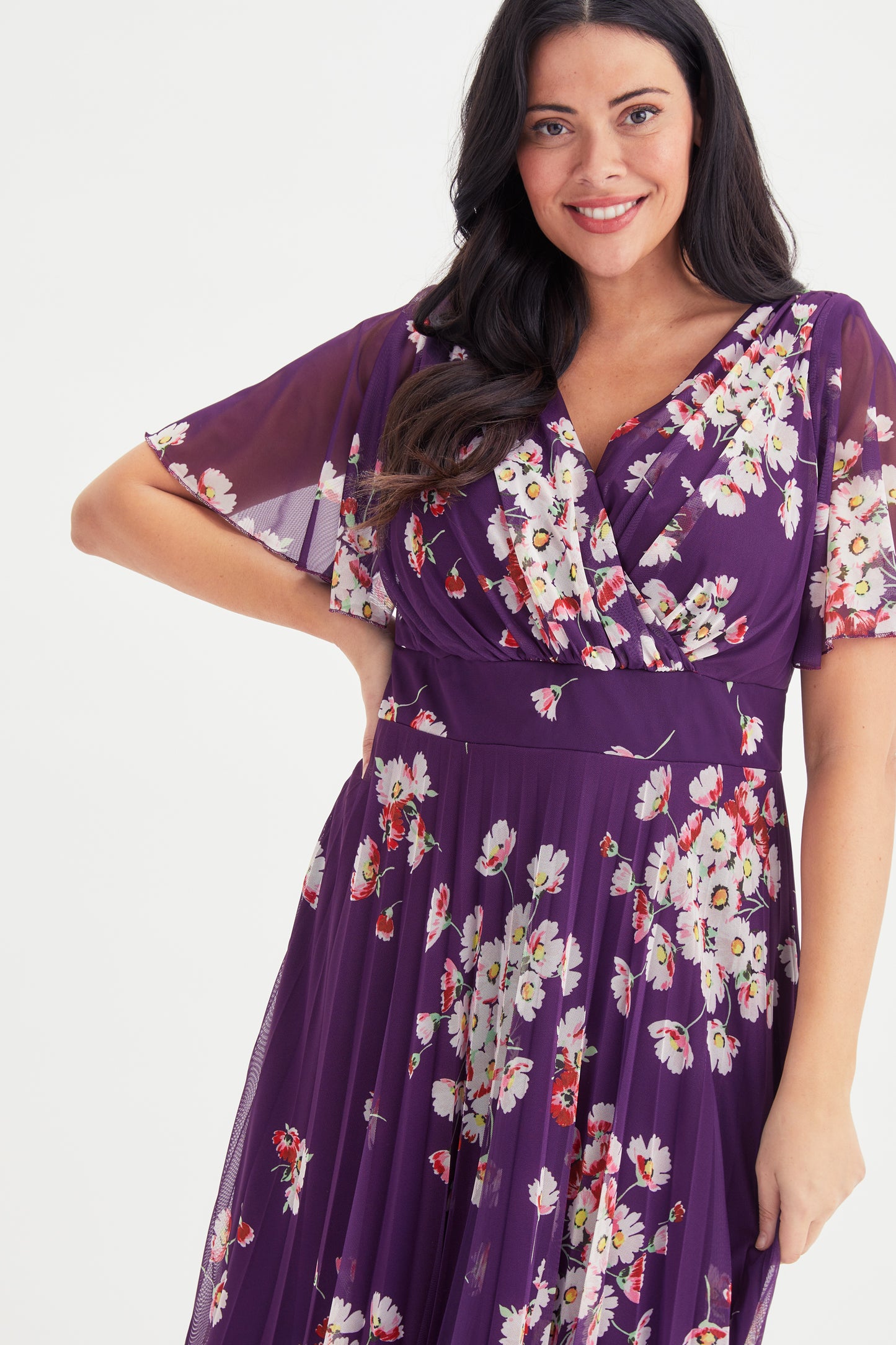 Carole Wine Multi Floral Print Wrap Bodice Sunray Pleated Skirt Midi D ...