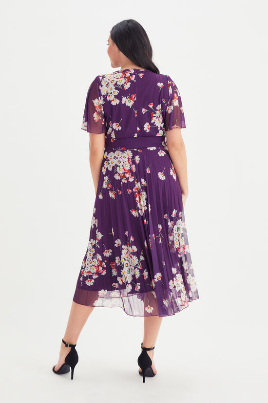 Carole Wine Multi Floral Print Wrap Bodice Sunray Pleated Skirt Midi Dress