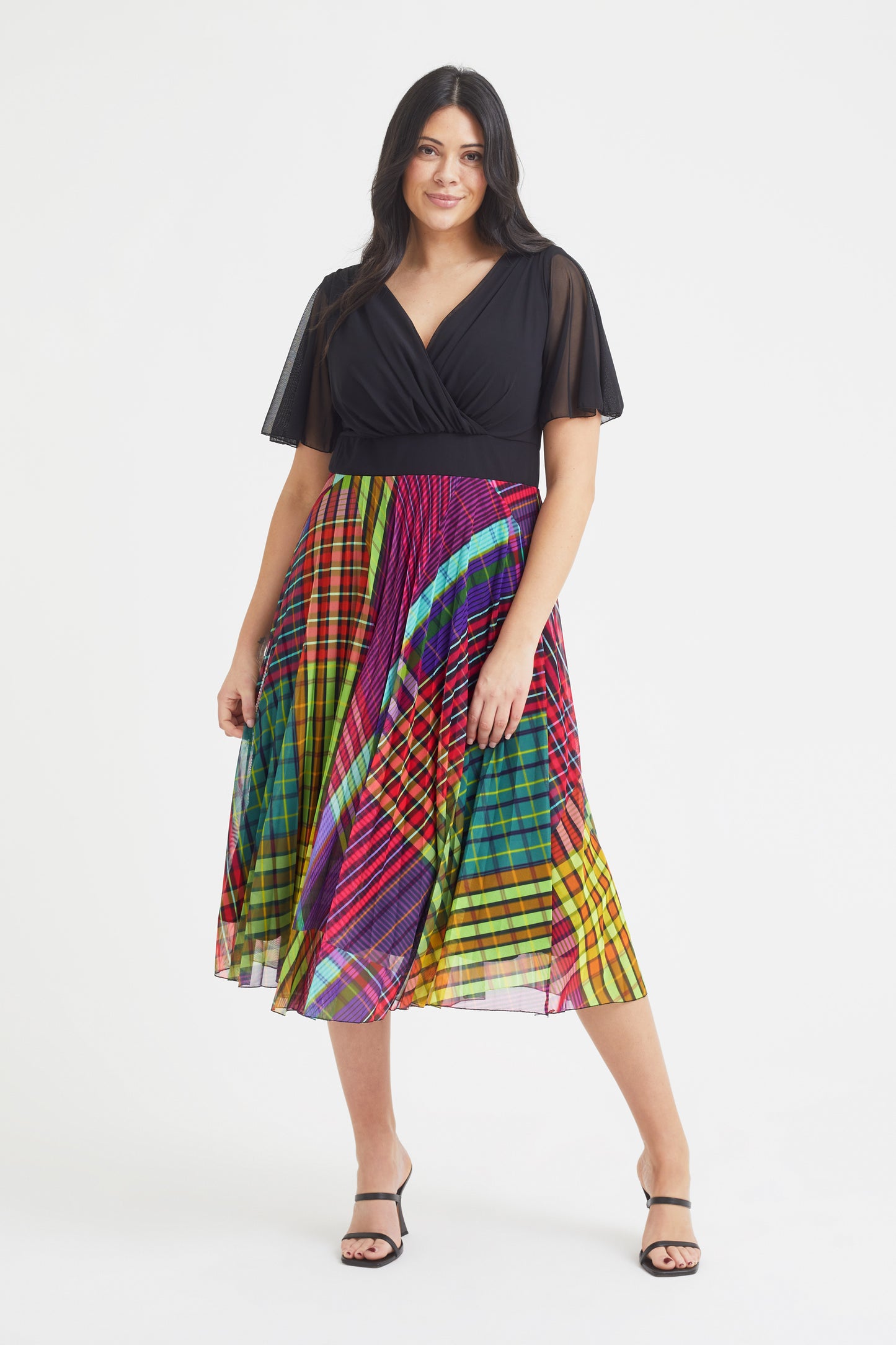 Carole Black Multi Wrap Bodice Sunray Pleated Skirt 2 in 1 Midi Dress